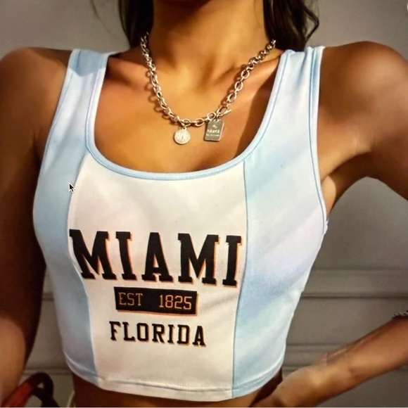 SHEIN Miami Florida Graphic Tank Top - Light Blue and White crop - Picture 1 of 4